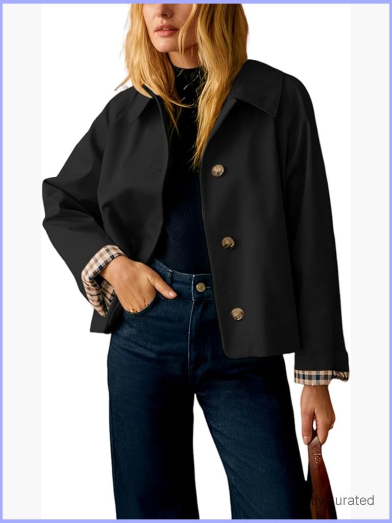 Cropped Trench Jacket With Plaid Lining Lightweight Spring Coat